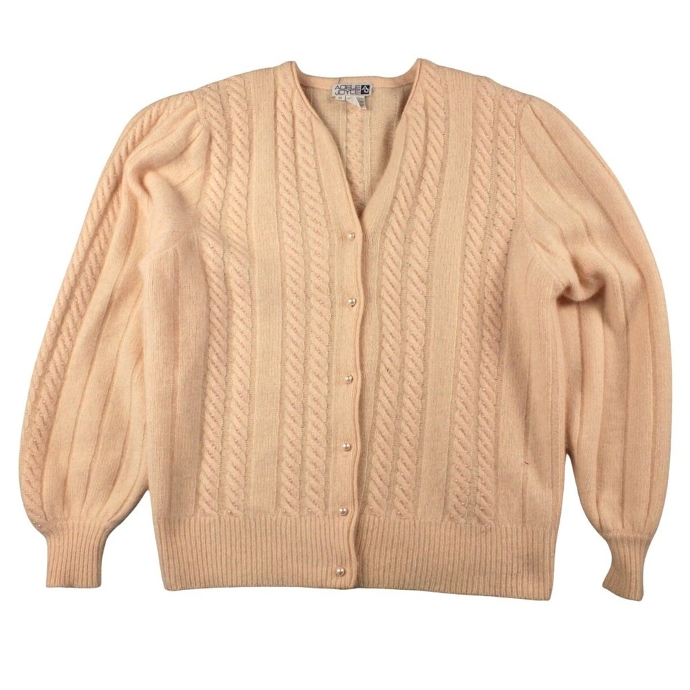 Vintage 90s Adele Joyce Angora Lambswool Cable Knit Shoulder Pad Cardigan M